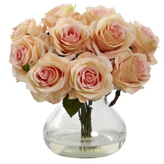 11&#x22; Peach Rose Arrangement with Clear Glass Vase